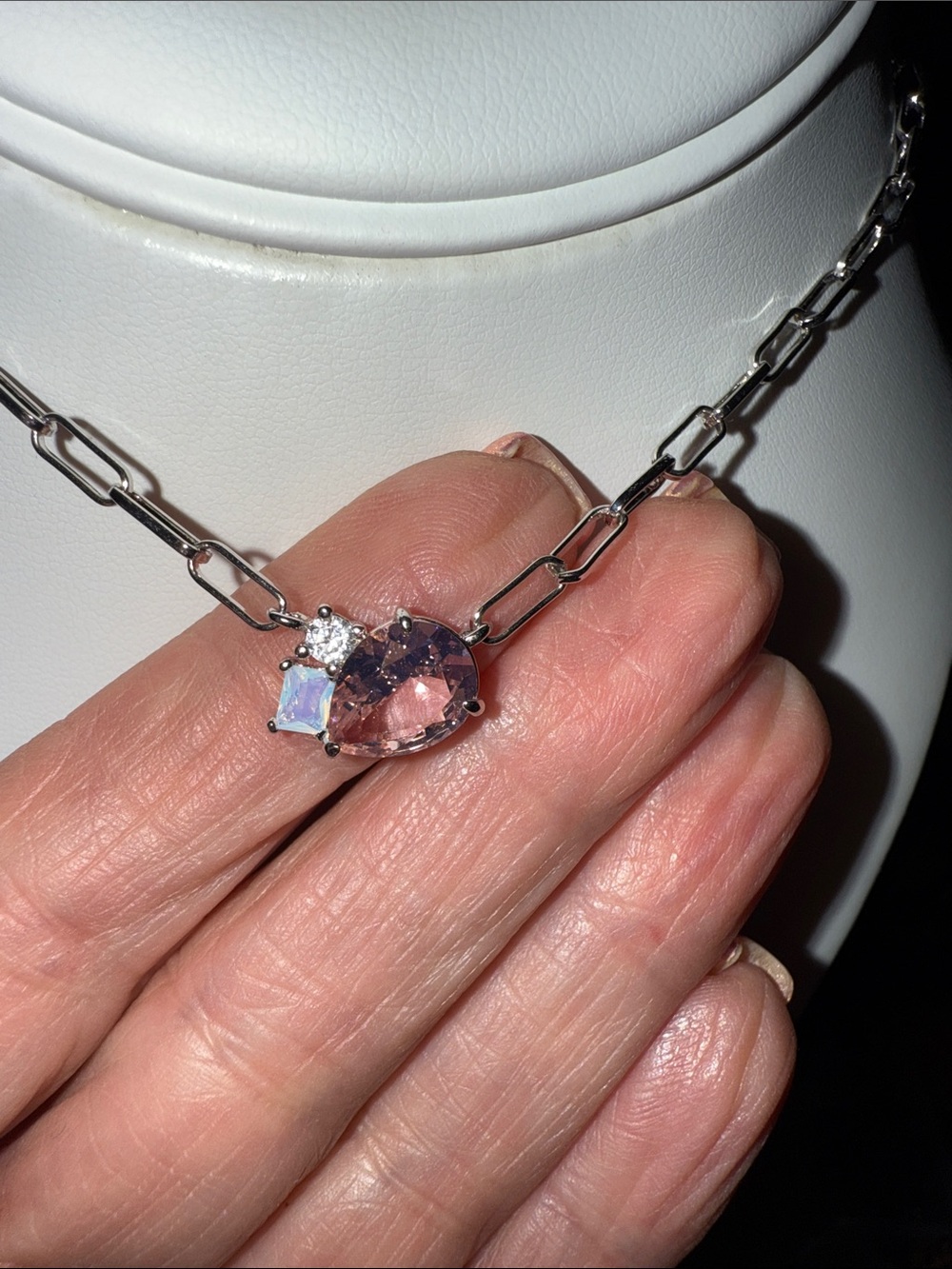 BP rhodium plated Chain Necklace with Pink Teardrop & moonstone”